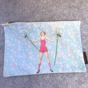 Tokyo Milk Cosmetic Bag, Gold Zippered Pouch, Dandelion Girl, Blue, Flowers
